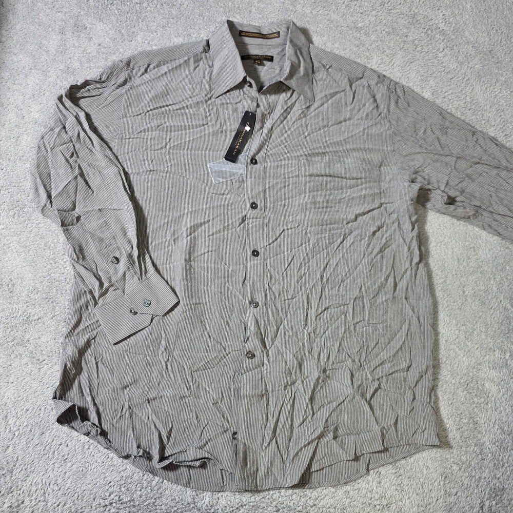 Donna Karan Mens‎ 16.5 32/33 Signature Button Down Shirt Grey Pinstripe Textured